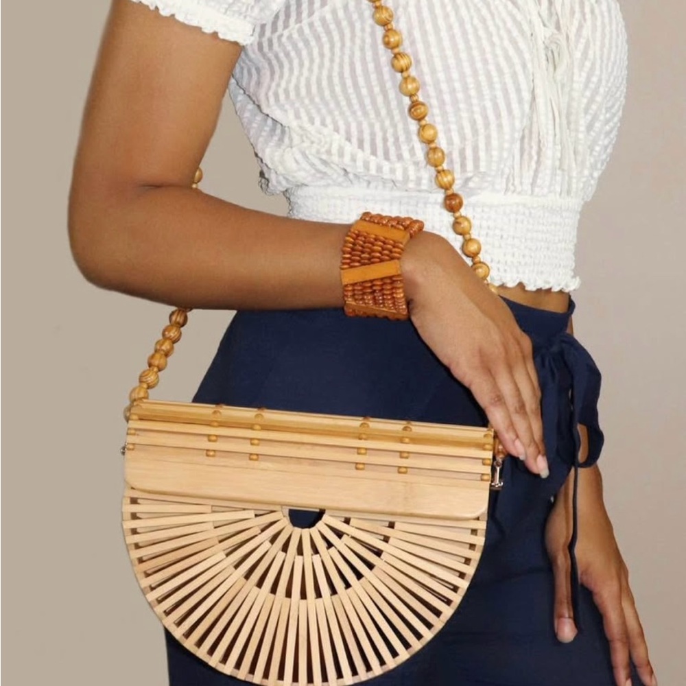 Elegant Tan Bamboo Half-Moon Bag